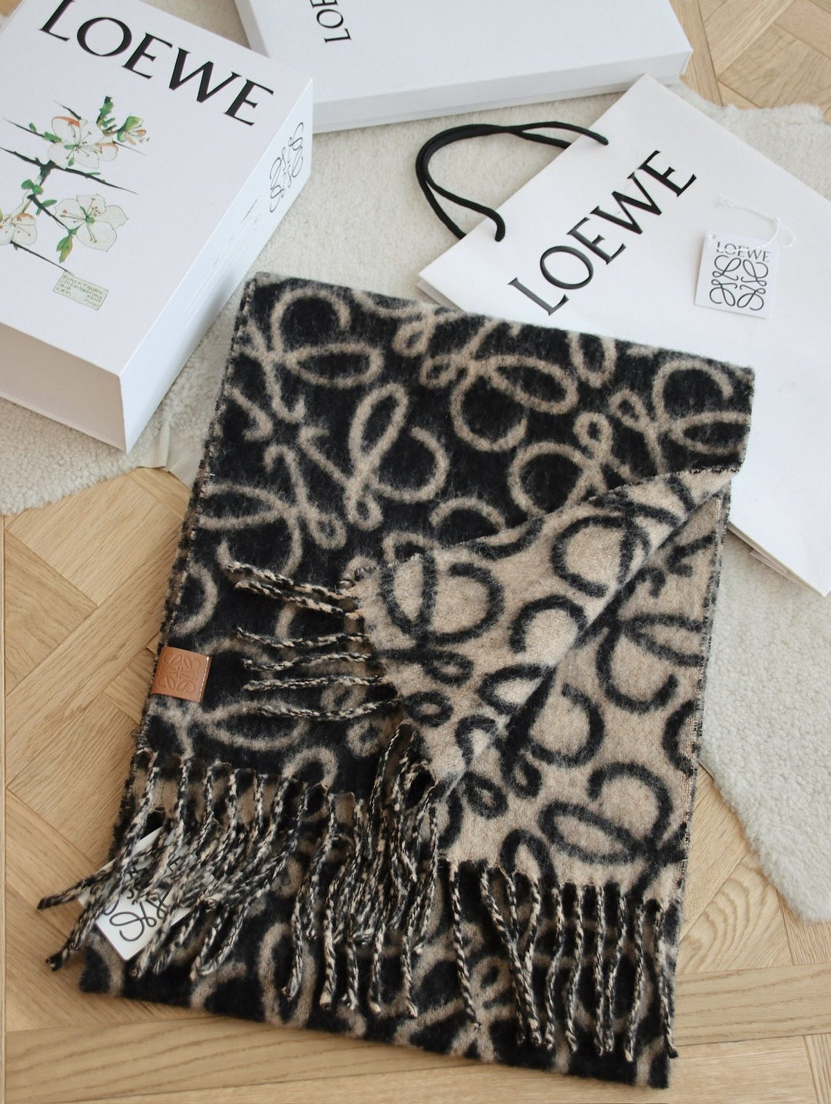 Loewe Beige and Black Patterned Fringe Scarf — front