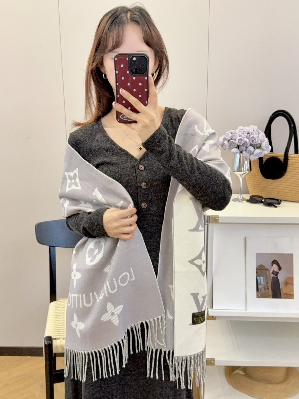 Louis Vuitton Reversible Fringed Scarf — model