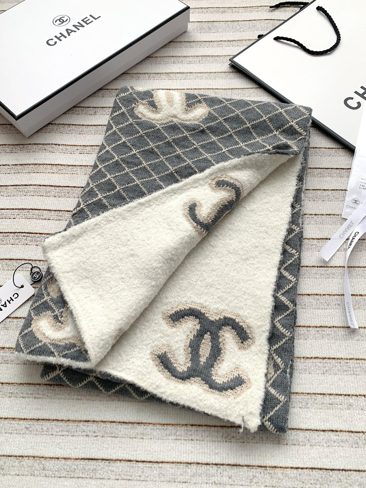 Chanel Gray & Ivory Diamond-Pattern Scarf — front