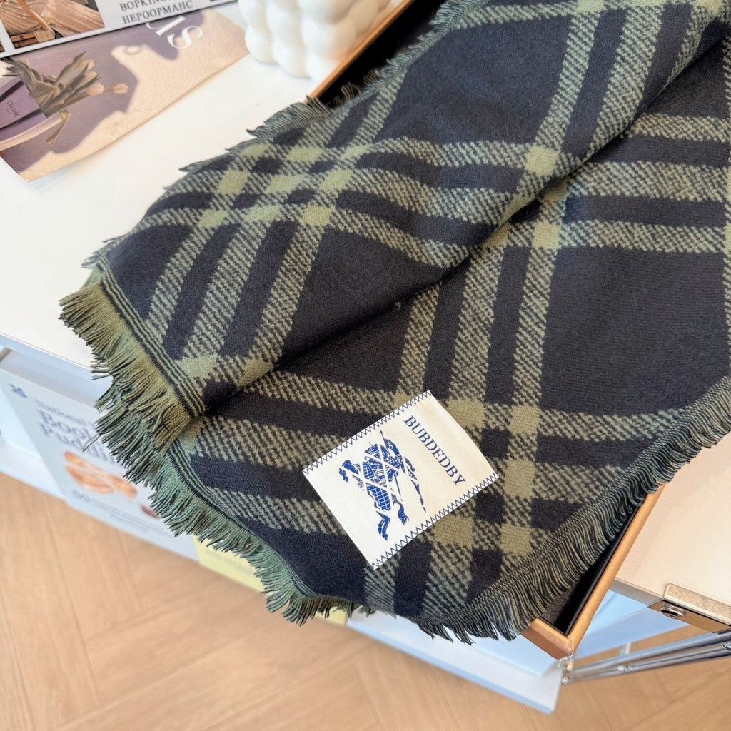Burberry Black and Olive Green Plaid Scarf — label