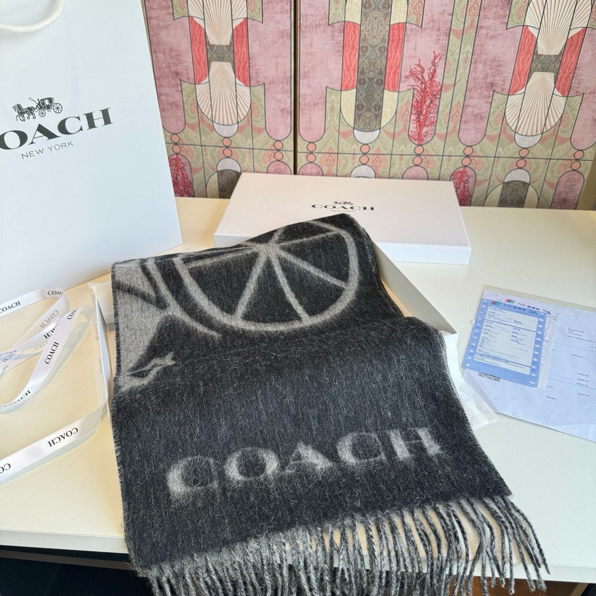 Coach Reversible Fringed Logo Scarf — front