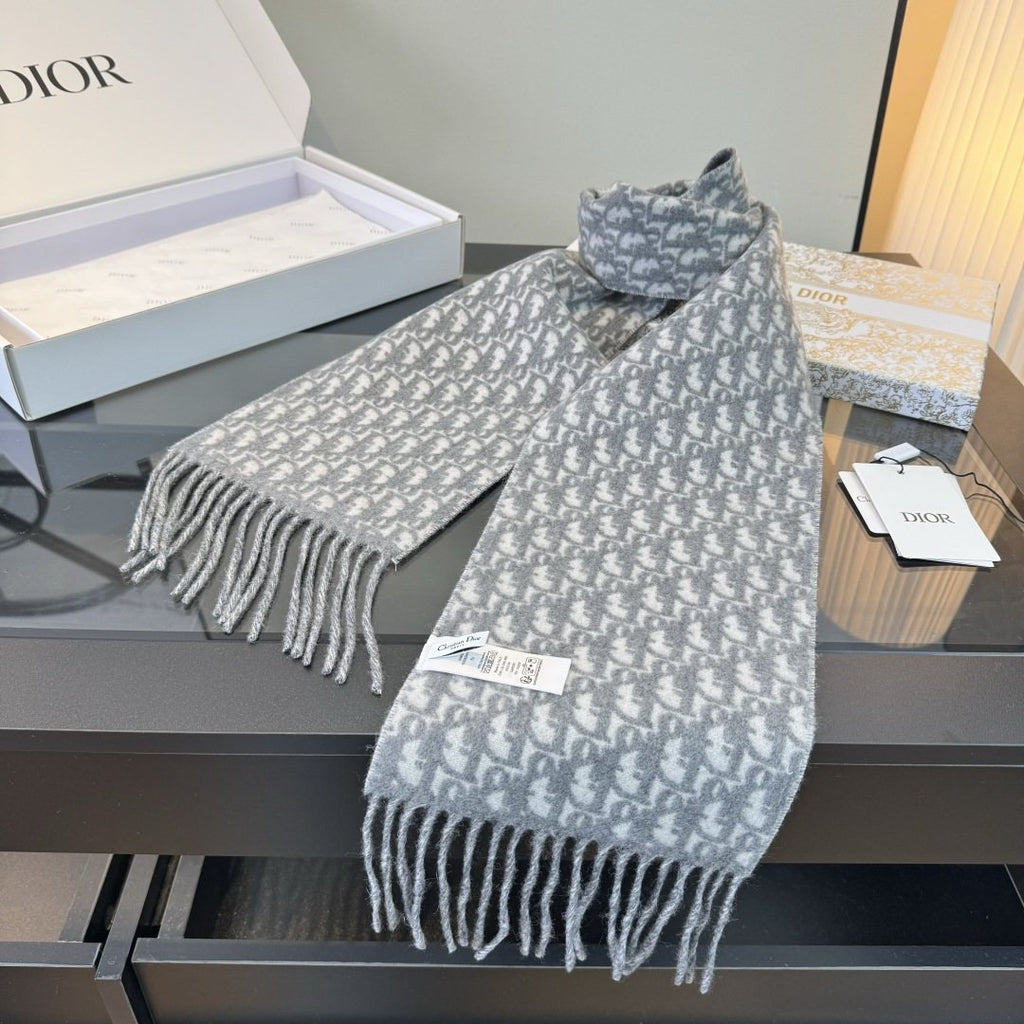 Dior Gray & Ivory Fringed Scarf — side